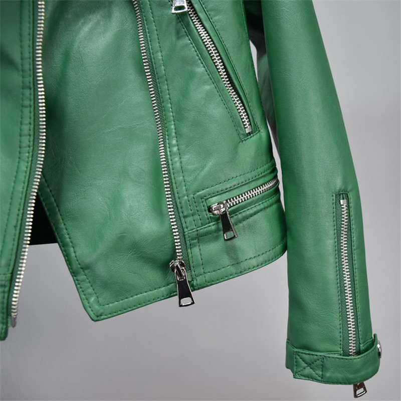 Autumn Winter Short Green Black Faux Leather Jackets Basic Coat Fashion Rivet Zipper Moto Biker Jacket Punk Outerwear 201020