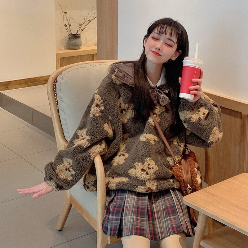 HWLZLTZHT Japanese Print Lamb Wool Coats Autumn Hooded Women Jacket Winter Oversize Warm Pullover Jacket women Outerwear 201126