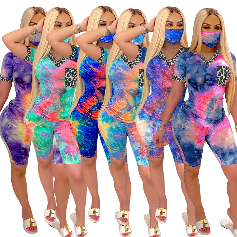 Tracksuits European and American women's tie-dye sweetheart neckline casual fashion home sports shorts suit (including mask)