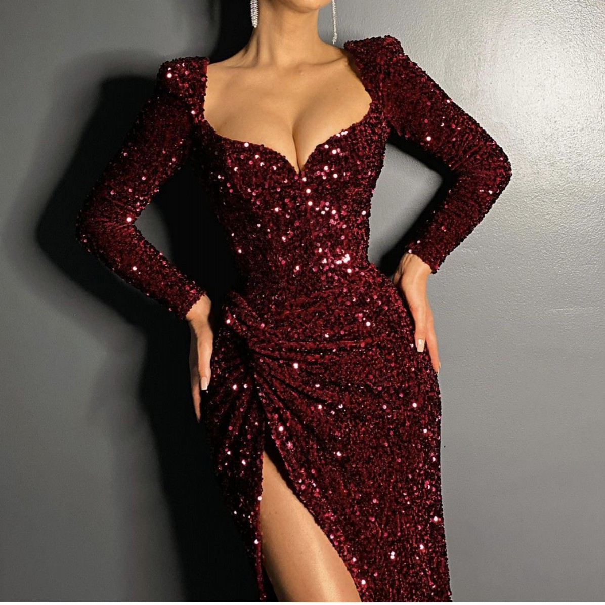 Bury Sequins Evening Dresses With Long Sleeves High Split Mermaid Prom Dress Party Gown