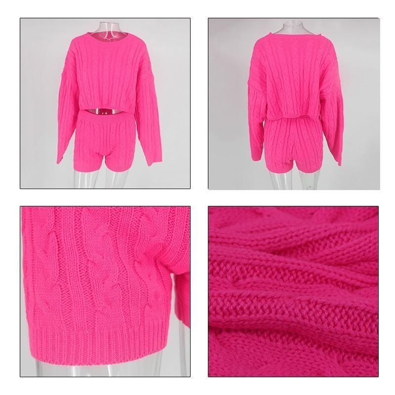 Ceremokiss Sweater Two Piece Set Knitted Winter Sexy 2 Piece Set Women Long Sleeve Crop Tops And Shorts Suit Outfits Tracksuit T200325