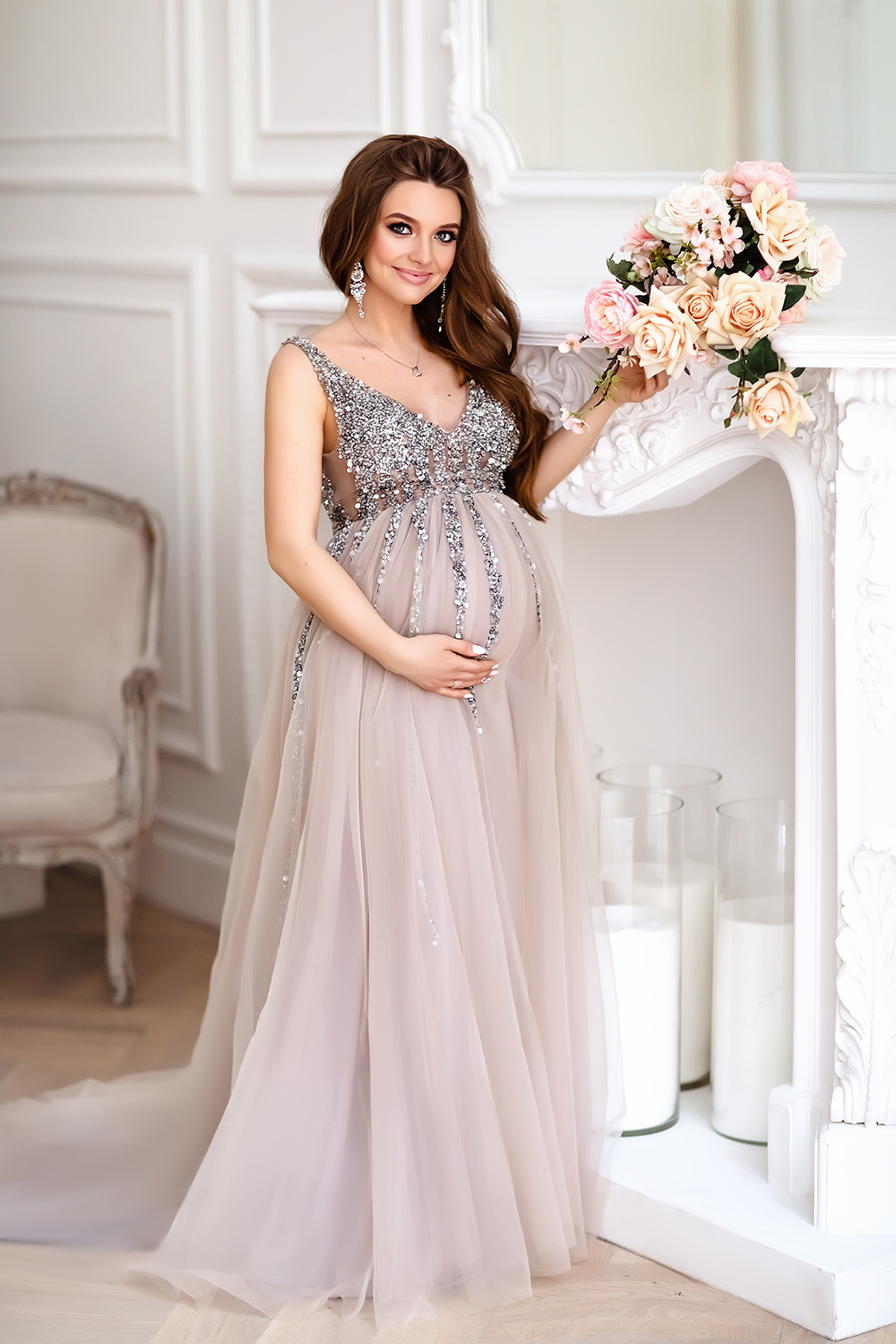 Glitter Sequins Tulle Sleepwear Robes Maternity Women V Neck Bridal Ruffles Pregnant Woman Photoshoot Dress Sleeveless Sheer Party Gowns