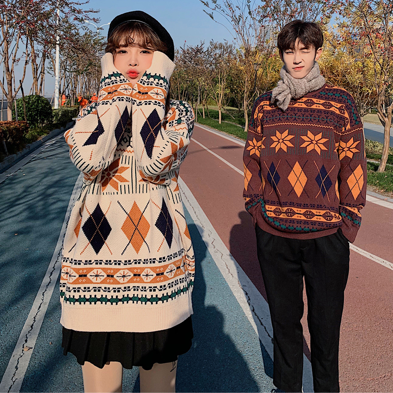 Vintage Thicken Geometric Pattern Women Sweaters Autumn Winter Pullovers Jumpers Female Korean Knitted Sweater couple 210203