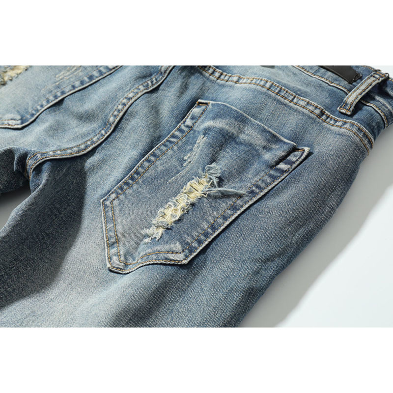 Distressed Ripped Slim Fit Jeans Mens Washed Destroyed Skinny Denim Pants Fashionable Streetwear Blue Hole Biker Jean for Men 201223