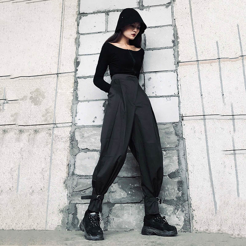 [EAM] High Waist Black Irregular Split Long Harem Trousers New Loose Fit Pants Women Fashion Tide Spring Summer 1W418 201106