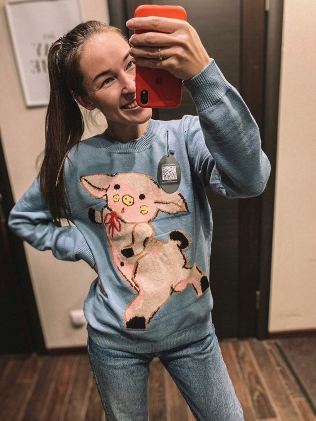 New Runway Jacquard Knitted Pullover Blue Cute Pig Pattern Sweet Knitted Sweater Fashion Jumper sueter mujer C-075 201017