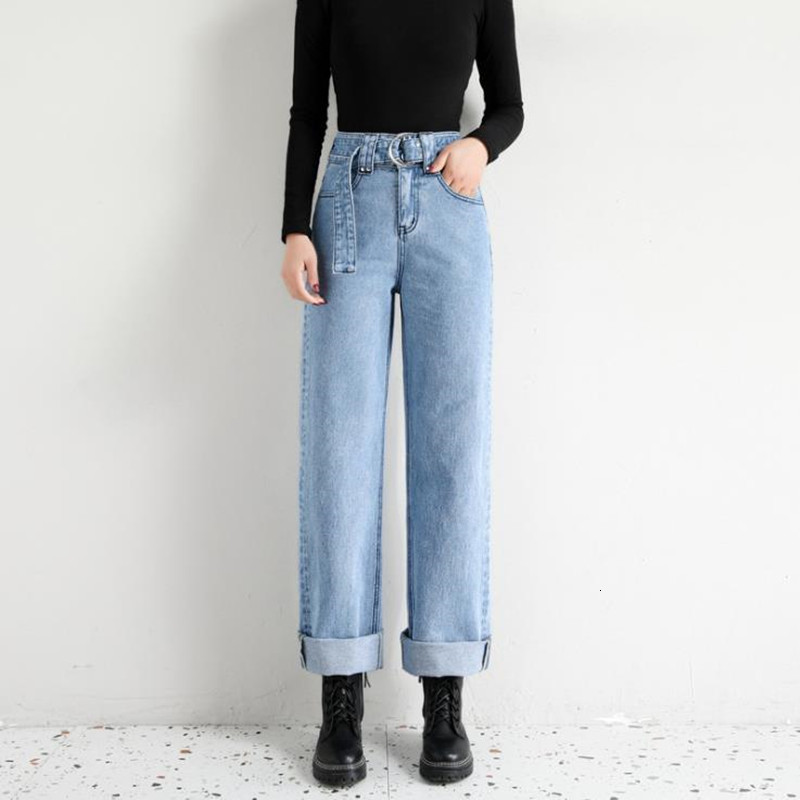Light Blue Straight Denim Waist Female New Spring 2021 Pants Pnjo, Sky blue.