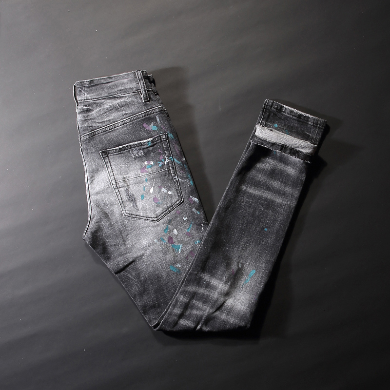 2021 New American Streetwear Fashion Men High Quality Retro Black Gray Painted Designer Ripped Jeans Slim Fit Elastic Hip Hop Pants 0571
2021 New American Streetwear Fashion Men High Quality Retro Black Gray Painted Designer Ripped Jeans Slim Fit Elastic Hip Hop Pants 0571
