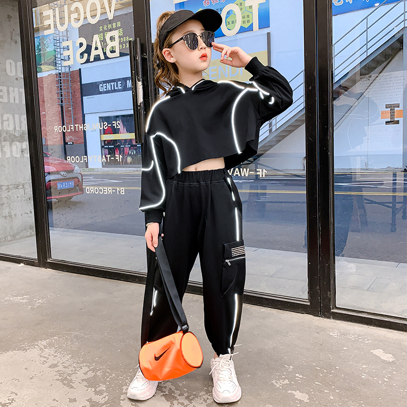 Kids Girls Sets Black hoodie Sweatshirts Reflective strip Sweatpant 2pcs Suits Harem Pants Sports Outfits Hip hop Tracksuit 2020X1019