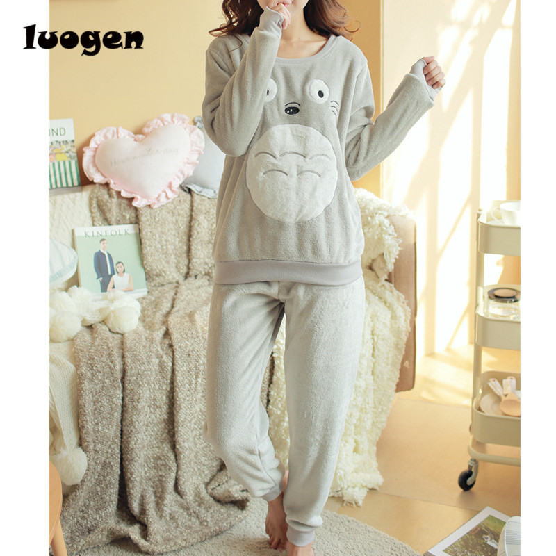 Autumn Winter Women Warm Pajamas Sets of Sleepcoat & Trousers Lady Lounge Cartoon Totoro Flannel Sleepwear Female Home Clothing 210203