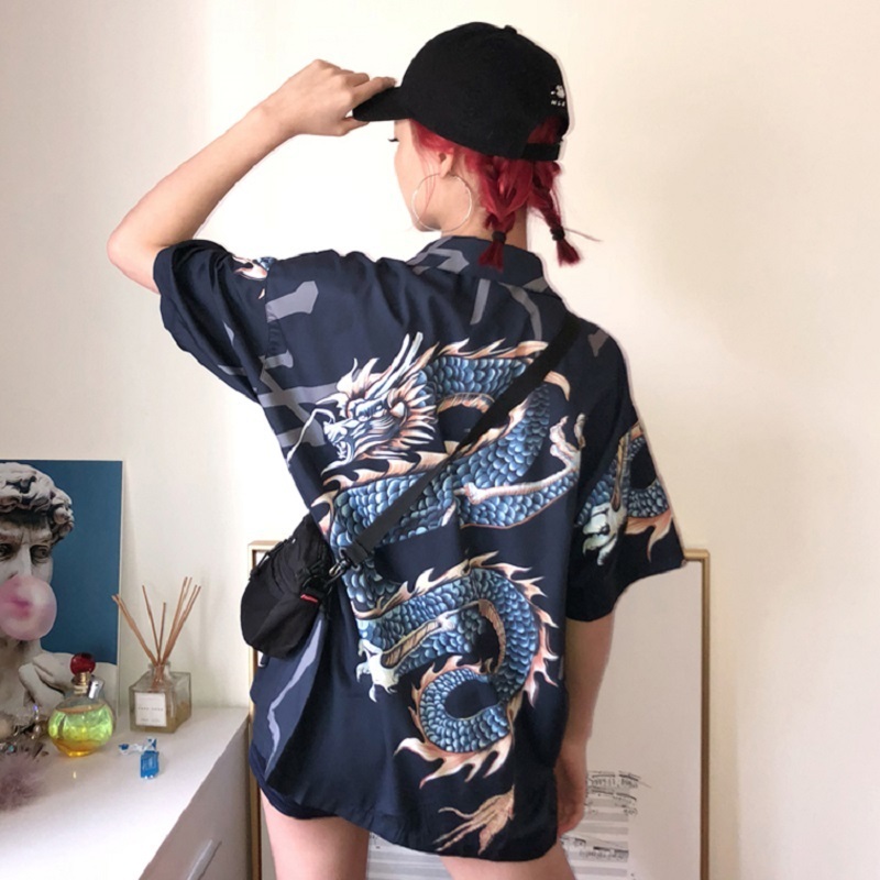 Summer Women Tops Harajuku Blouse Dragon Print Short Sleeve Blouses Shirts Female Streetwear kz022 220308