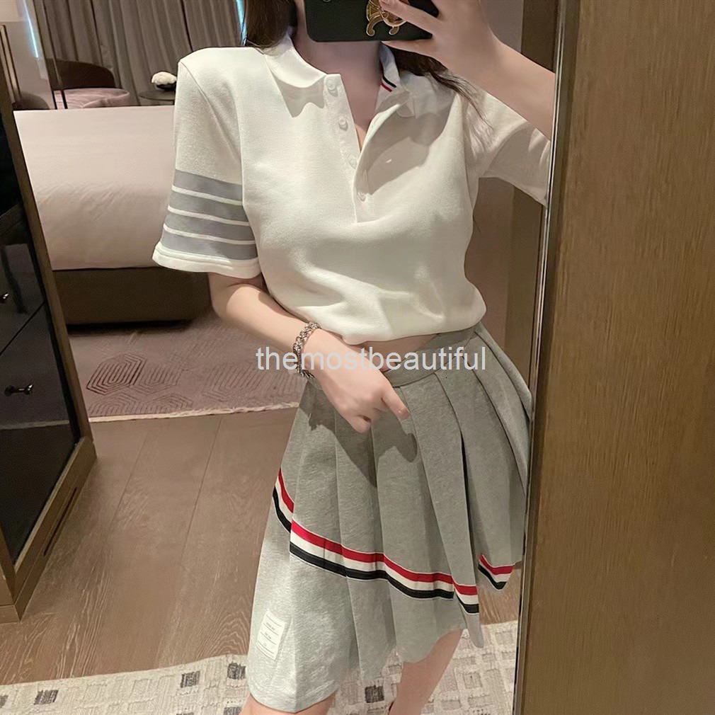 Two Piece Dress TB academic classic three bar casual set summer polo shirt pleated skirt two piece women, Gray 
Two Piece Dress TB academic classic three bar casual set summer polo shirt pleated skirt two piece women, Gray