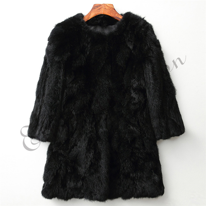 Ethel Anderson 100% Real Rabbit Fur Coat Women's O-Neck Long Rabbit Fur Jacket 3/4 Sleeves Vintage Style Leather Fur Outwear T200319