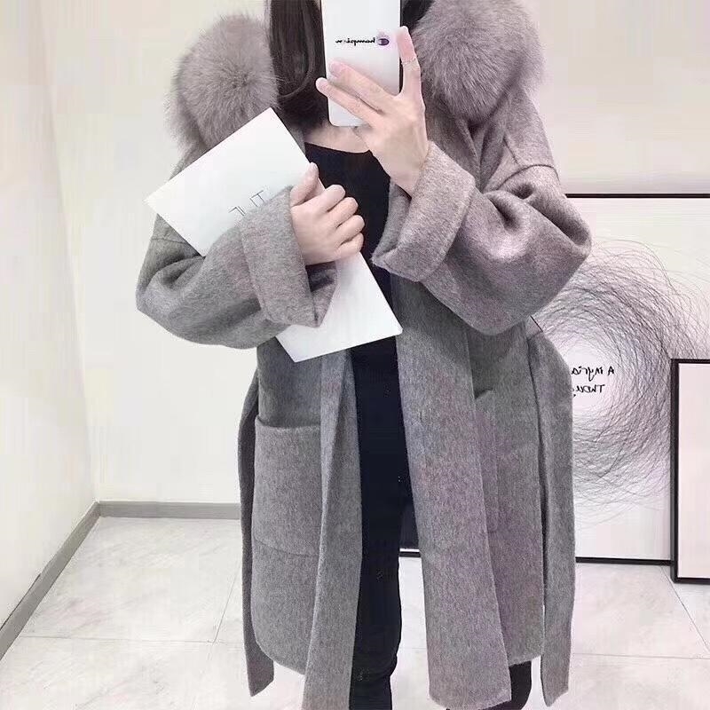 Korea style female medium long loose wool trench coat with real fox fur trim hoodie selling oversize wool cardigan cloak 201216