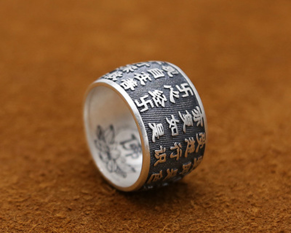 999 Sterling Silver Buddhist Heart Sutra Ring for Men Women Buddha Ring Vintage jewelry