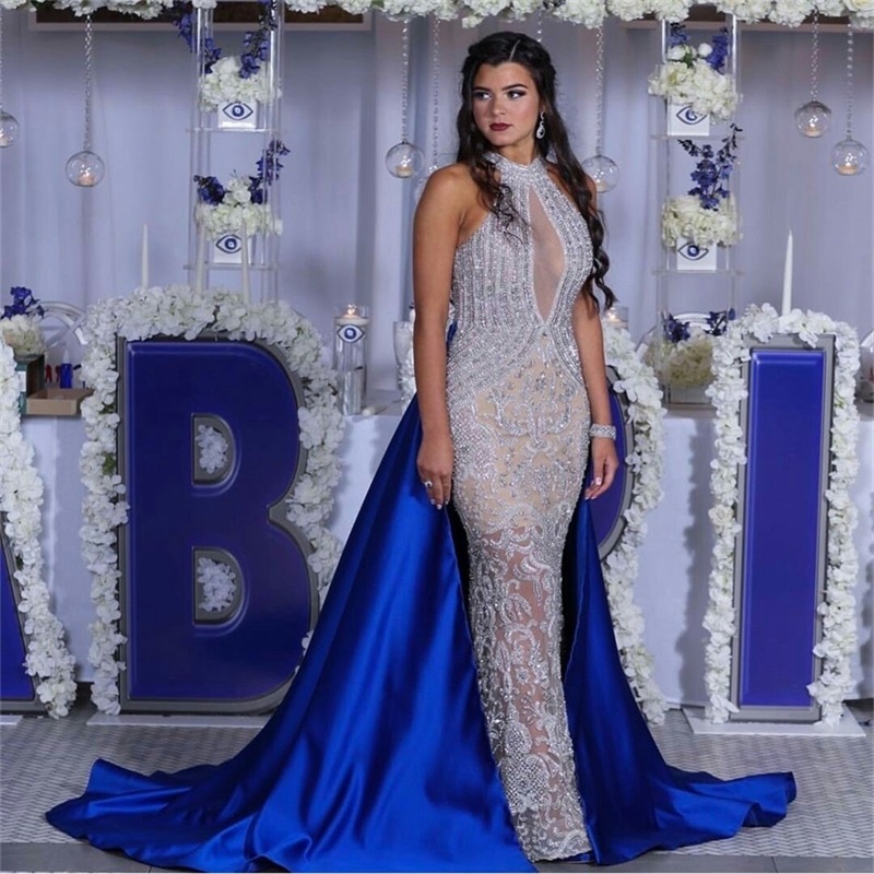 Luxury Prom Dresses With Detachable Train Halter Mermaid Evening Dress Beads Crystal Major Beading Ruched Formal Pageant Dress