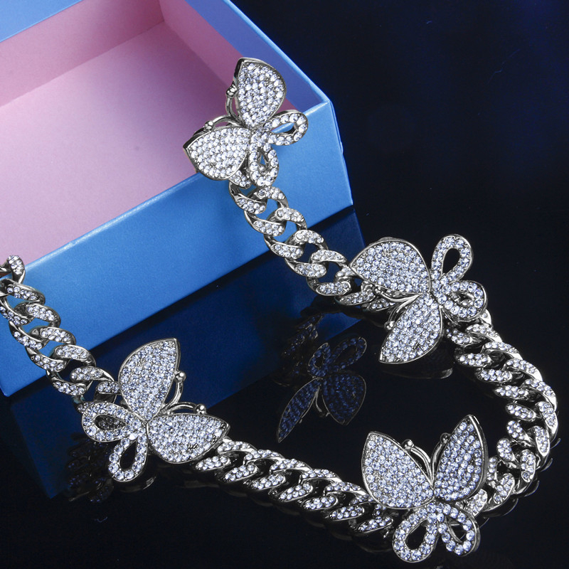 parking cz baguette Butterfly anklet jewelry 10mm iced out bling Miami cuban link silver color anklet women hiphop