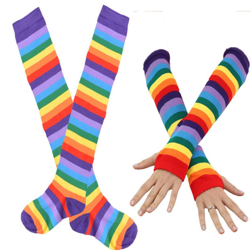 Rainbow Costume Set Stripe Knee High Socks Arm Warmer Fingerless Gloves Set for Teen adults Halloween Cosplay Xmas Dress-up Stage Wear