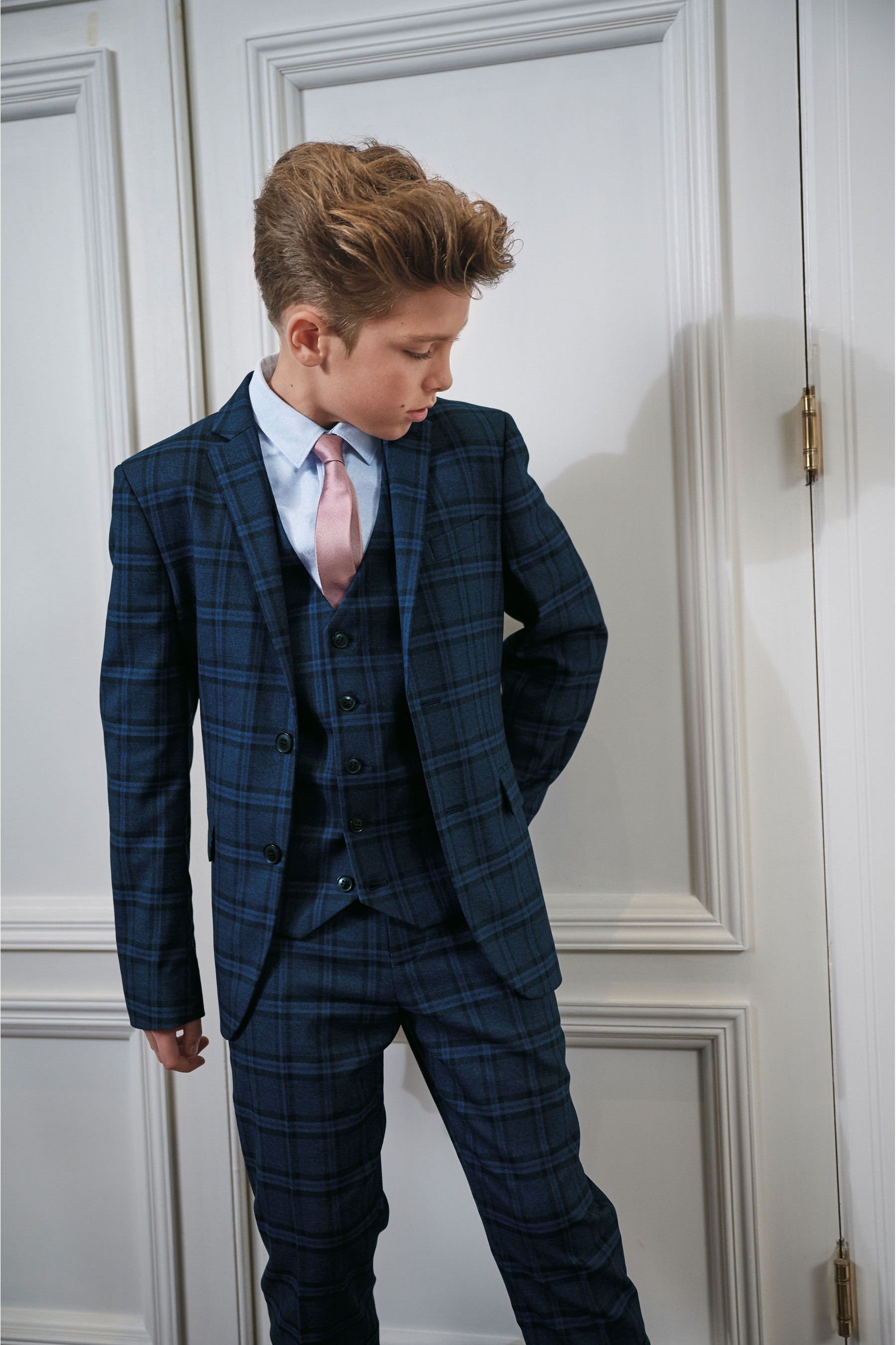 Custom Made Navy Check Boys Pants Suits 3 Pieces Set Tuxedos for Wedding Dinner Children Kids Tuxedo