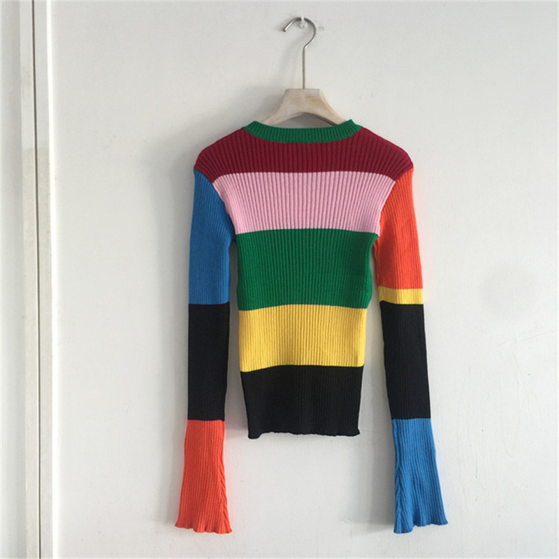 Womens Flower Print Rainbow Striped Sweater Stretch Fitted Long Sleeve Pullover Knit Top Dolly Sweater Harajuku e-Girl Outfit / 201130