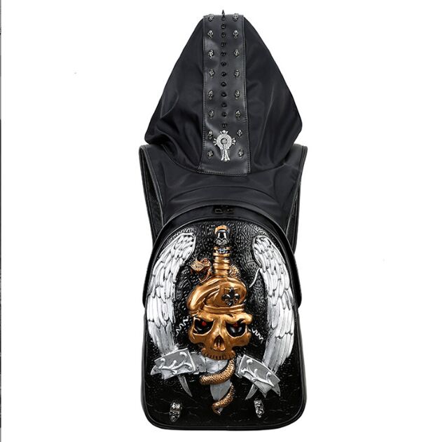 Mens Back Pack Bags With Hood Cap 3D Fashion Personality Skull Leather Backpack Rivets Apparel Bag Japanese Handbags For women Schoolbags