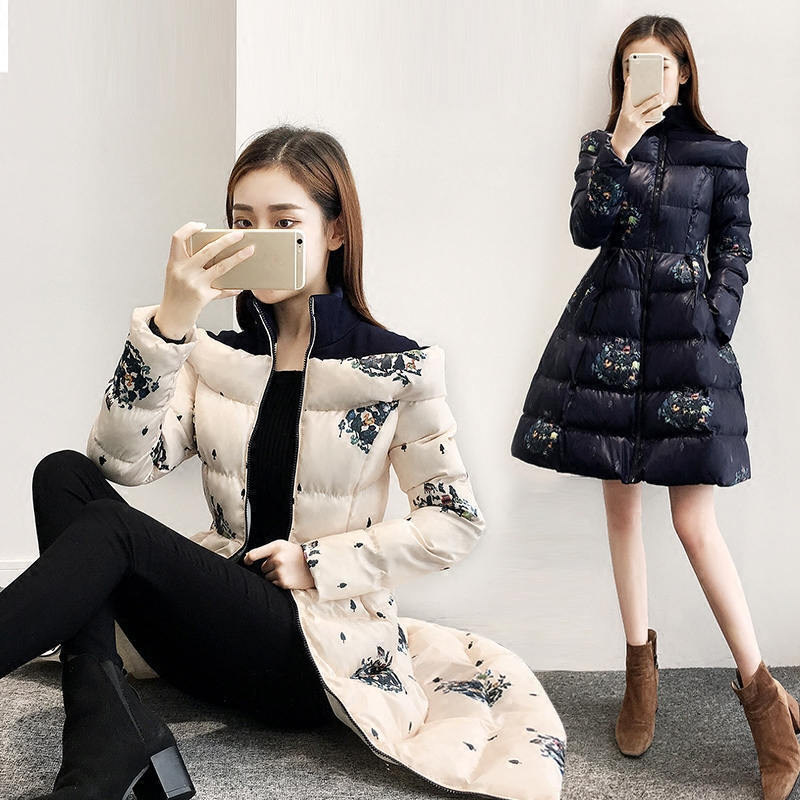 Stand Collar Long Winter Jacket Women A-Line Print Coat Women Thicken Parkas Mujer Warm Overcoat Cotton Jacket Female C5810 201029