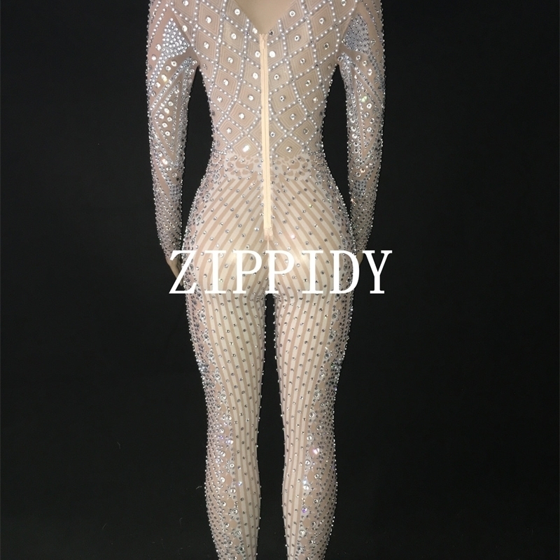 Mesh See Through Sparkly Bodysuit Rhinestone Long Sleeve Jumpsuit Evening Birthday Celebrate Costume Perspective Outfit YOUDU T200810