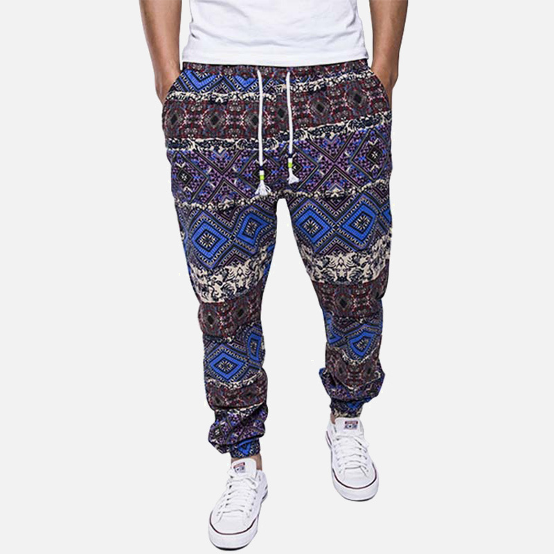 Hawaiian Men's Floral Print Cotton Linen Long Harem Pants Blue Drawstrings Pockets Man Trousers Summer Streetwear Joggers Male 201116