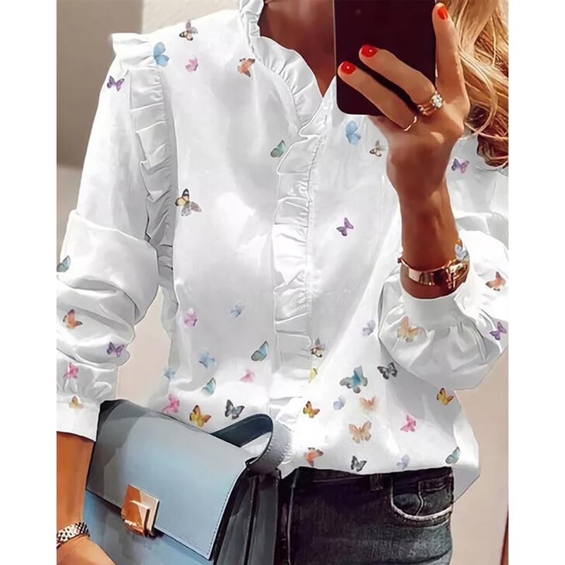 Womens Blouses Shirts Women Elegant Fashion Butterfly Print Top Ruffled Trim Casual Long Sleeve Blouse AAA Discount for in-store purchases