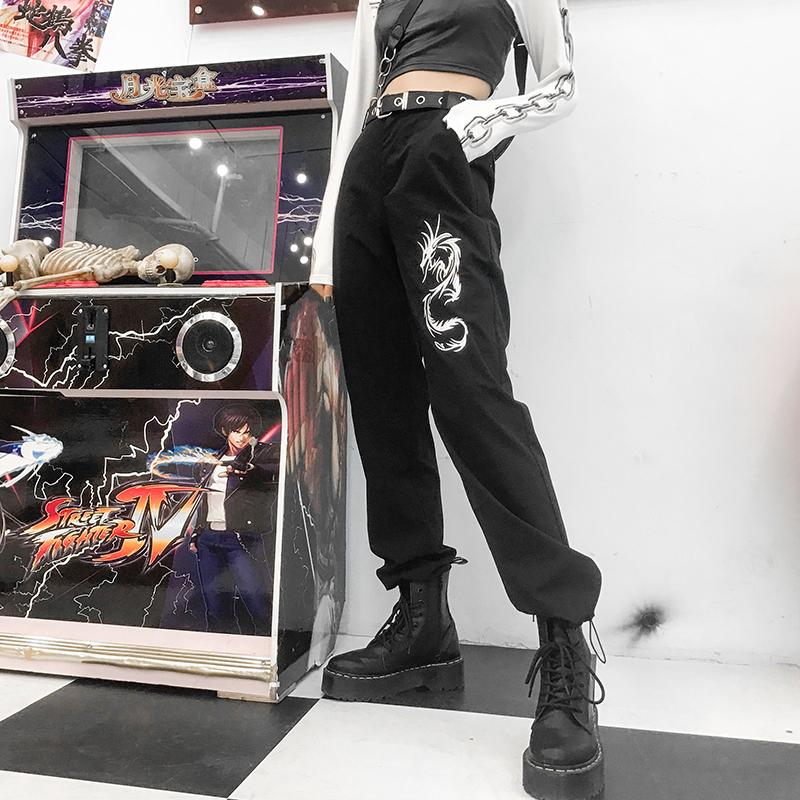 Sweetown Chinese Style Dragon Embroidery Cargo Pants Women Black High Waist Pocket Trousers Streetwear Womens Joggers Sweatpants T200103