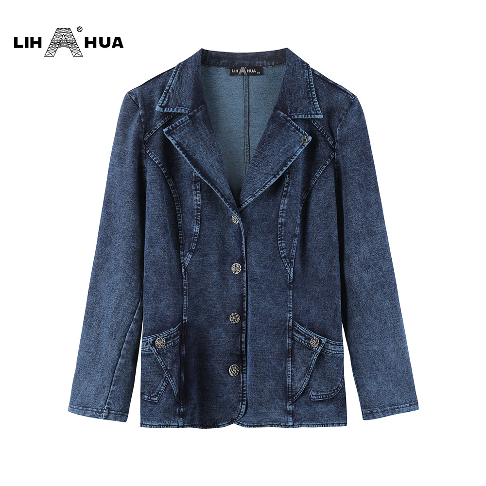 LIH HUA Women's Plus Size Casual Fashion Busine Denim Suit Premium Stretch Knitted Slim Fit Jacket 201114