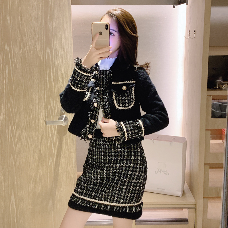 Winter Two-piece Faux Mink Cashmere Patchwork Tweed Set Woolen Tassels Trim Pearl Pocket Jacket Coat + Mini Plaid Skirt Set 201030