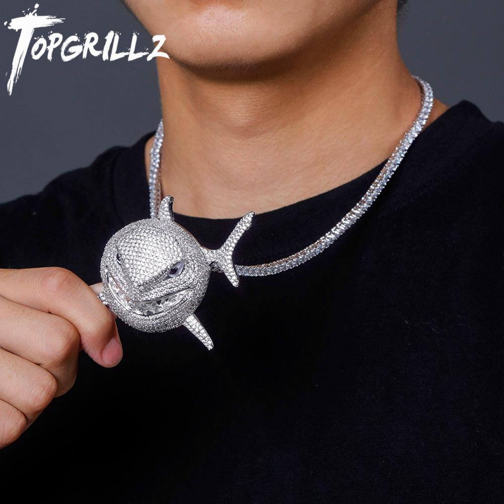TOPGRILLZ Large 6IX9INE Shark Pendant Iced Cubic Zirconia Pendant Necklace Fashion Jewelry Gift 14mm Cuban Chain Can Passable 200928