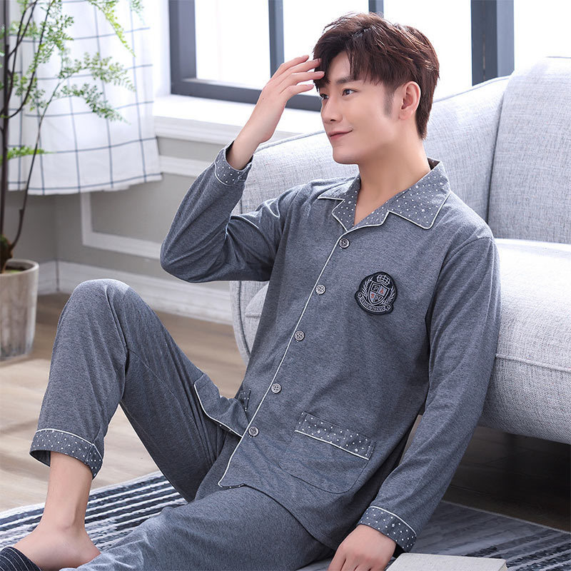 Striped Cotton Men's Long Sleeve Pyjamas Set Spring Turn Down Blue Male Nightwear Pants Pajama Sets Korean Sleepwear Suits 201111
