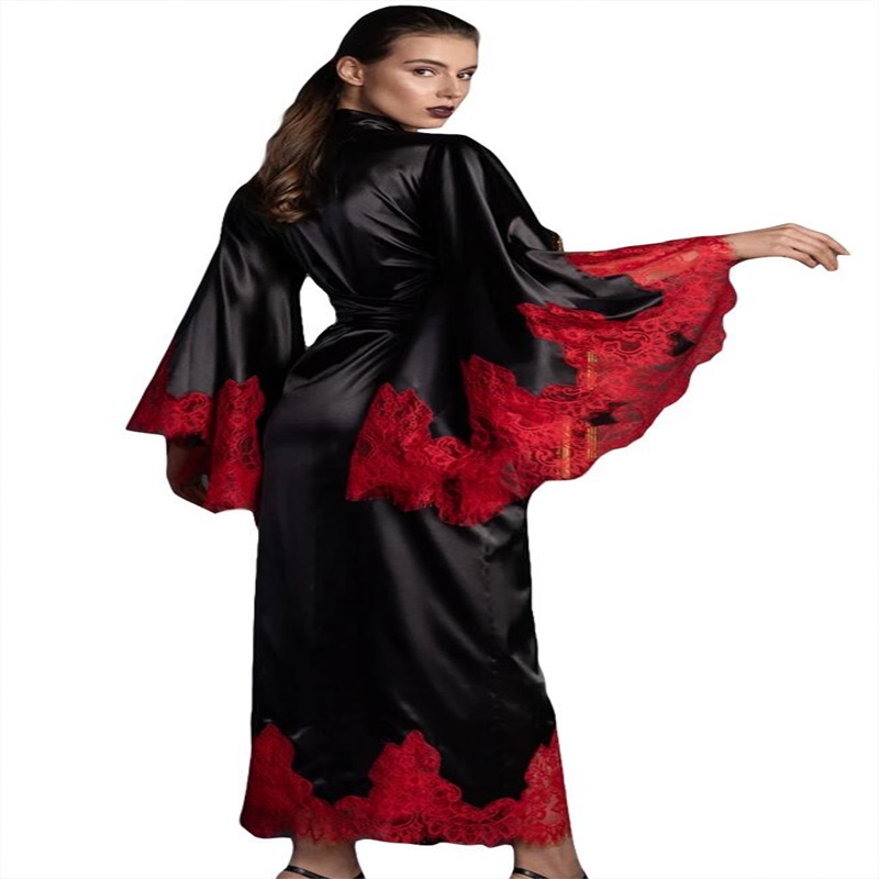 Elegant Sleepwear V Neck Long Sleeves Black Wedding Robe Nightgown Soft Silk Satin Lace Sweep Train Wedding Pajama Fast Shipping