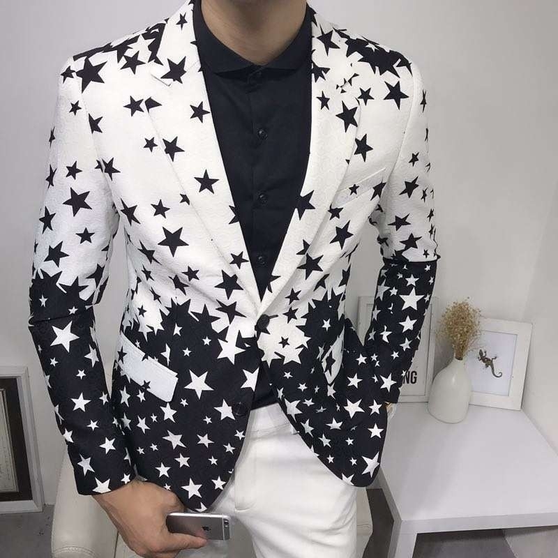 Star Print Slim Fit Suit Jacket Brand New Male Club Stage Blazer Man Formal Wedding Suit Prom Blazers For Men Costume Homme 201104, White;black
Star Print Slim Fit Suit Jacket Brand New Male Club Stage Blazer Man Formal Wedding Suit Prom Blazers For Men Costume Homme 201104, White;black