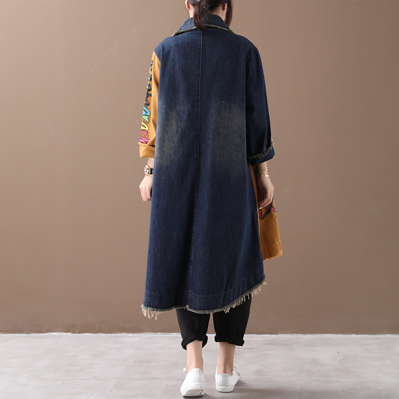 Autumn Fashion Jean Coat For Women Large Size Long Sleeve Ripped Patchwork Vintage Print Oversize Loose Office Lady Denim Trench T200828