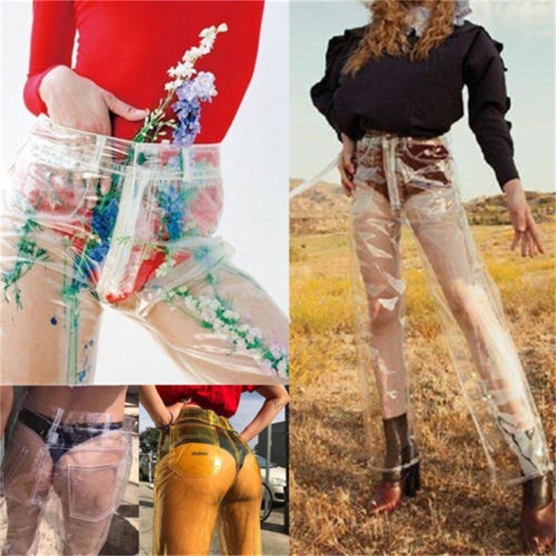 Fashion Pvc Plastic Waterproof Trousers Transparent Solid High Waist Wide Leg Pants Loose Pants LJ201130