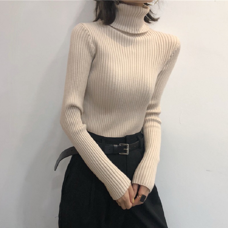 

2021 New Turtleneck Pile Collar Women Autumn Winter Thick Long Sleeve Rib Pullovers Chic Warm Tight Sweater Knitted Top Aq9x, White