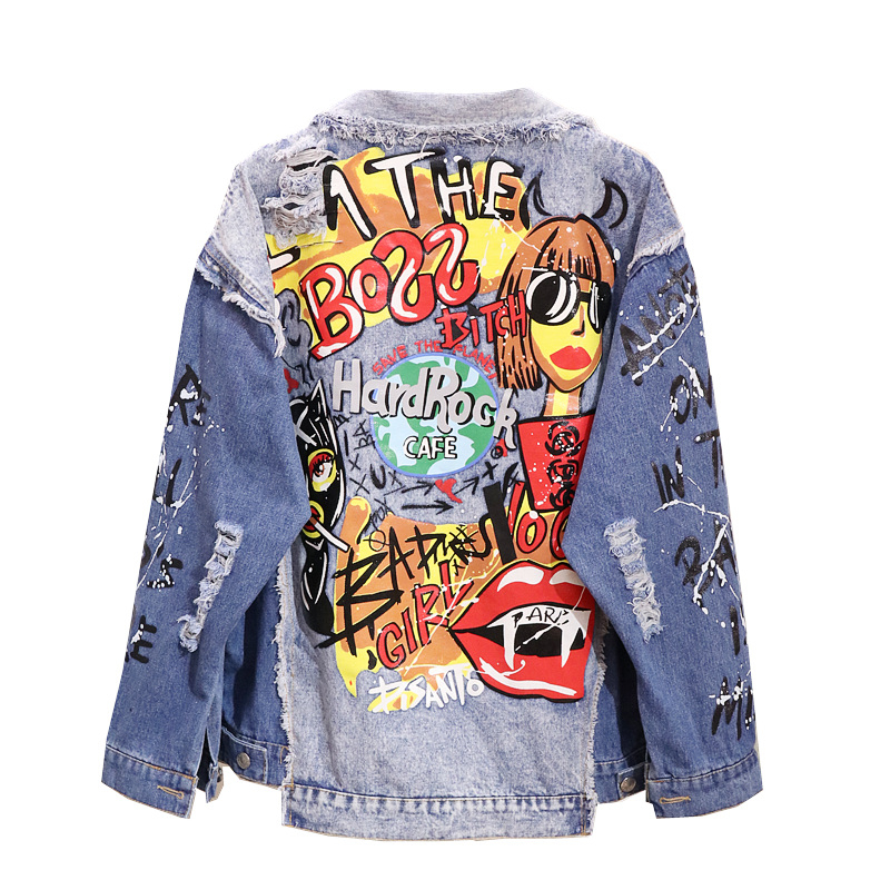 Autumn New Fashion Denim Coat Women Harajuku Graffiti Print Worn Out Long Sleeve Denim Jacket Girl Students Jeans Coats Outwear T200319