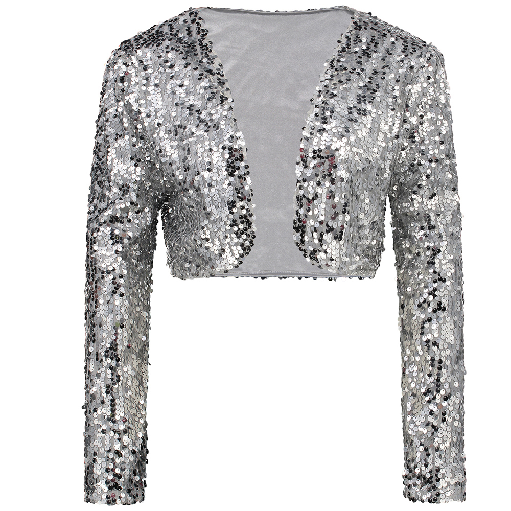 Sparkly Sequin Cardigan Jacket For Women, Short Cropped Bolero Shrug With Open Front, V-Neck, Long Sleeve, Clubwear, Party, Evening, Dance Performance