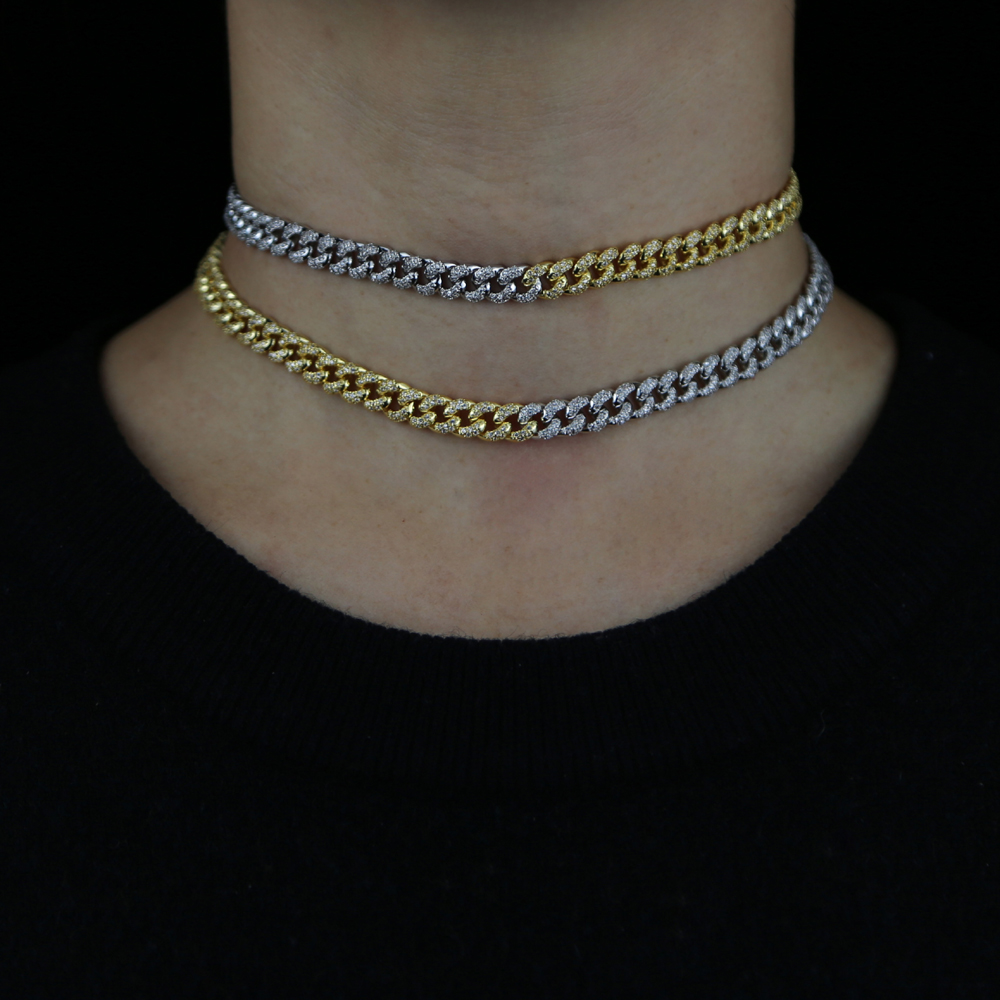 New Arrival Silver Gold Color Two Tone Cuban Chain Micro Pave 5A Clear CZ 7mm Width Miami Cuban Link Chain Choker Women Necklace