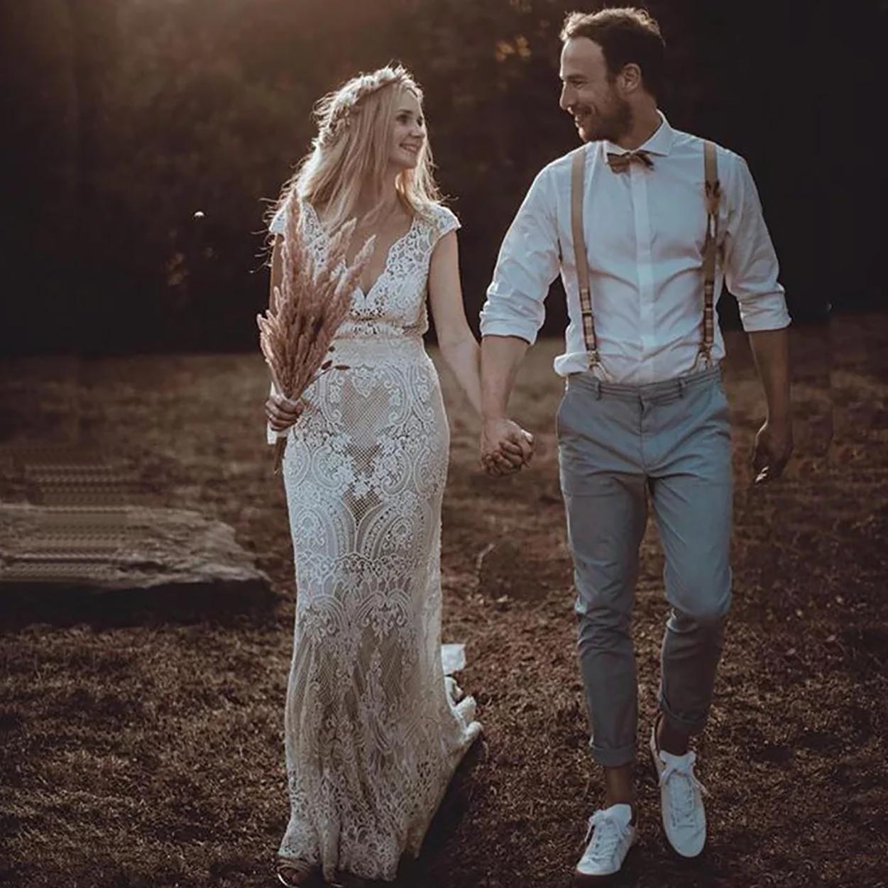 Bohemian pastrol Wedding Dress Cap Sleeve V Neck Crochet Cotton Lace Country mermaid Backless bridal gowns abito sposa pizzo
