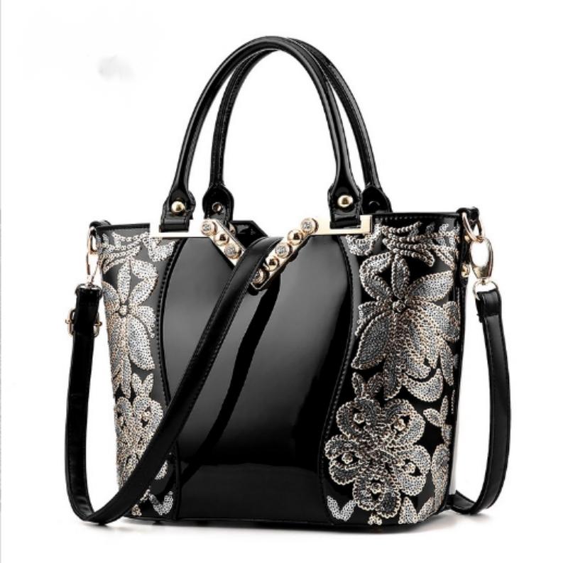 New fashion black embroidered bright leather shoulder bags handbag women's bag women's luggage