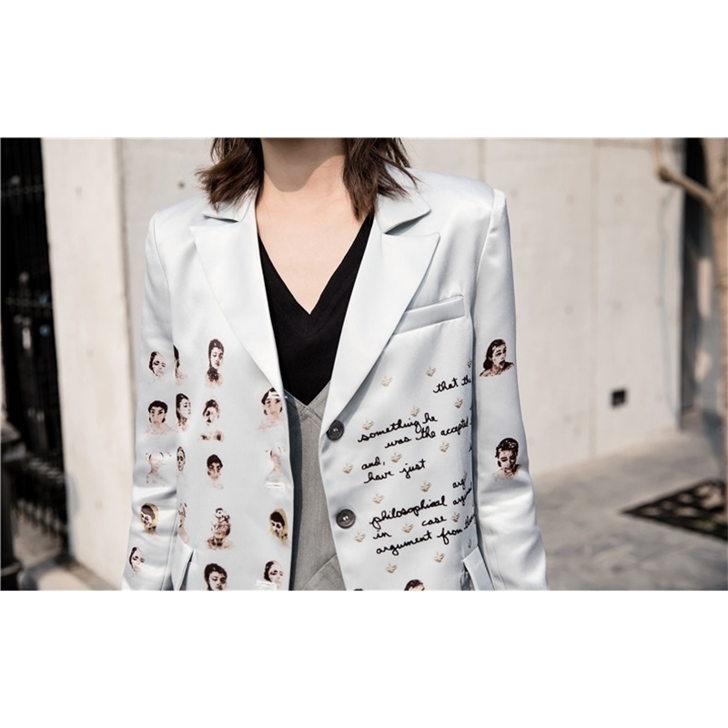 CHEERART Spring Casual Blazer Women Jacket Grey Letter Character Print High Fashion Blazer Coat Button Up 201201