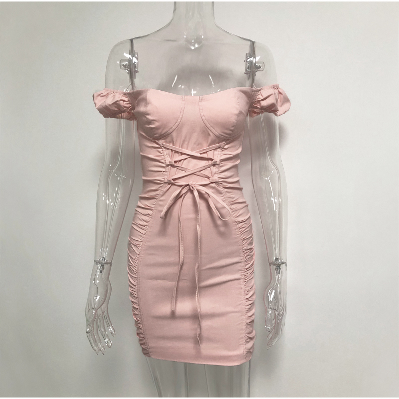 Off-Shoulder Puff Sleeve Sexy Party Dress | Bodycon Ruched Mini Lace-Up Summer Pink Collection T200320 B4