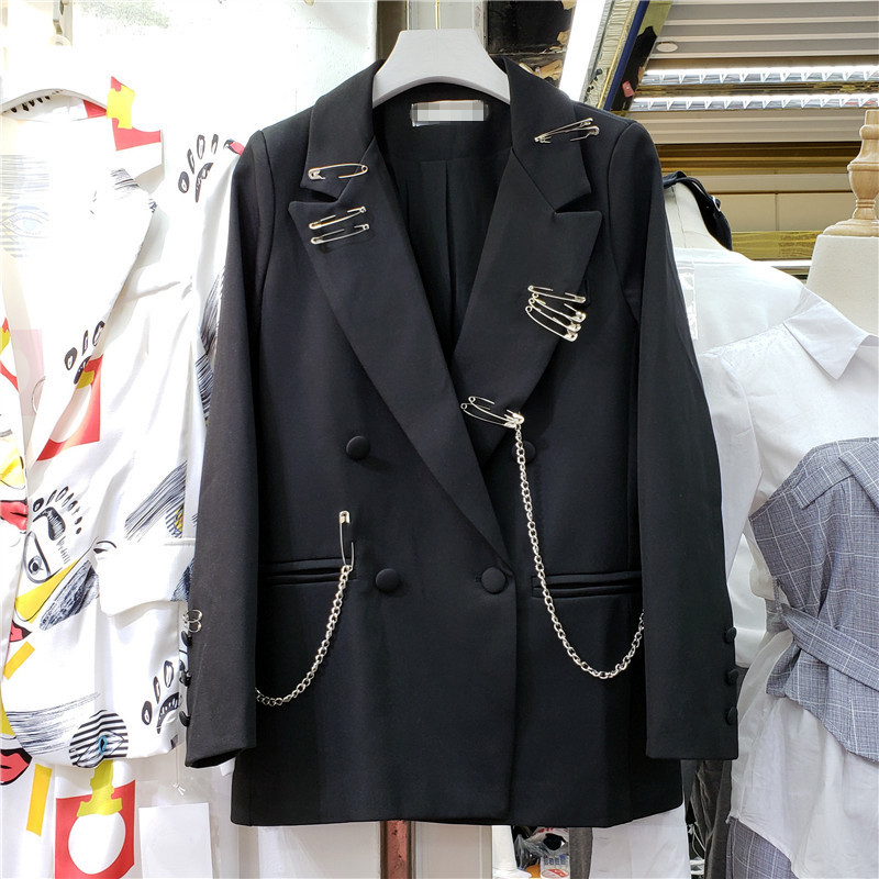 EWQ2020 Autumn Winter New Sweet Women Oversize Jacket Long Sleeve Loose Ladies Office Coat Suits Outwear Chain Decoration T200828