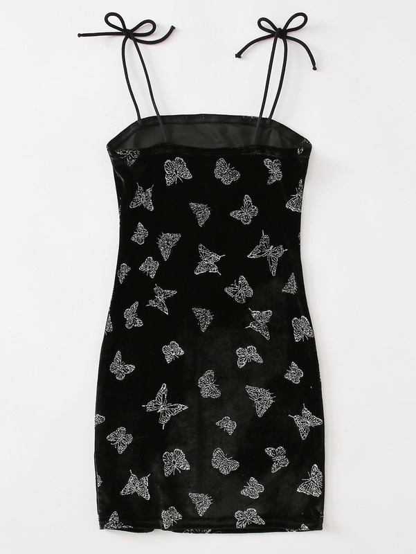 Girls Knot Strap Split Hem Butterfly Pattern Velvet Slip Dress SHE