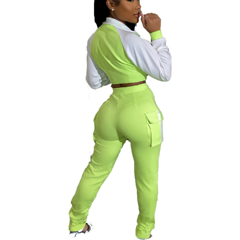 HAOOHU Sexy Reflective Two Piece Set Jumpsuit Long Sleeve Zip Crop Top+Pocket Stacked Leggings Fall Clothes for Women Tracksuit 201007