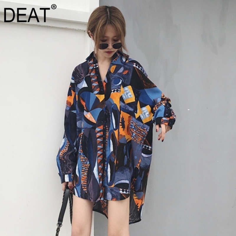 [DEAT] Spring New Fashion Turn Down Collar Loose Print Long Sleeve Printed Long Shirt Women's Blouse Famle Free Size WB024 201029